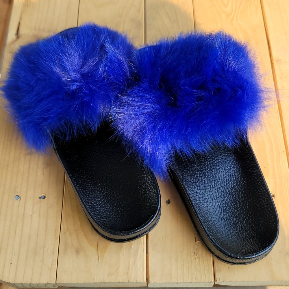 Royal blue fox fur slides